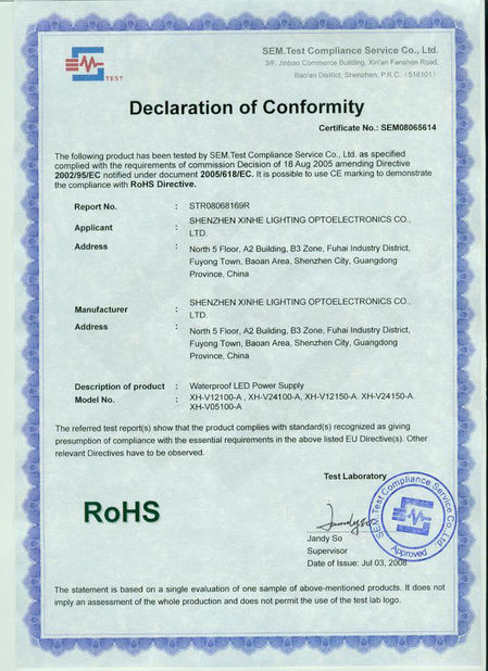 China Shenzhen Xinhe Lighting Optoelectronics Co., Ltd. certification